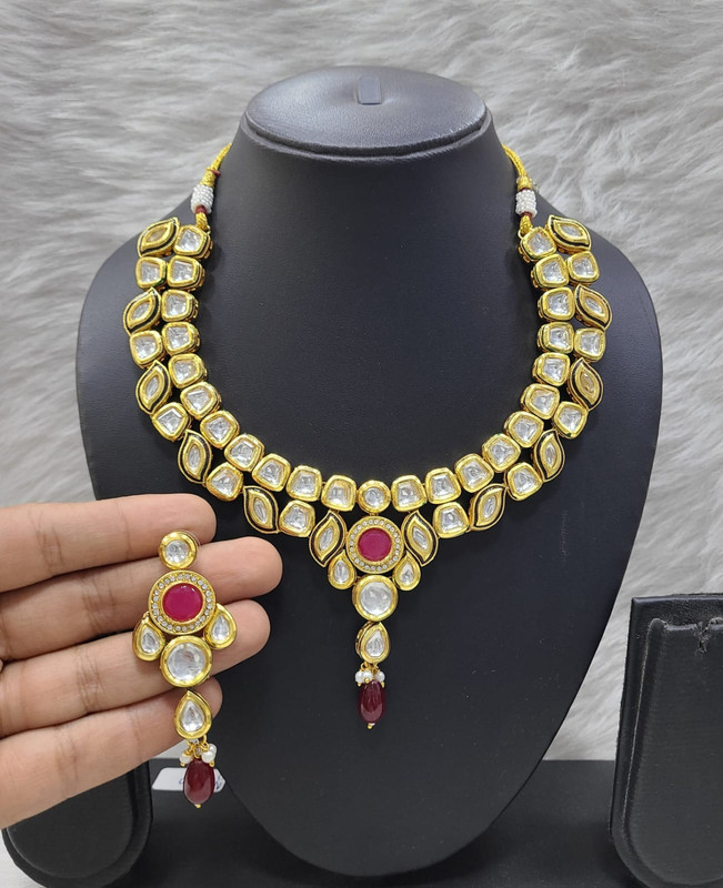 [K21 MAROON] Vibrant Fashion K21 Maroon Dabbi Kundan With Back Meena Necklace Earring Jewellery Set