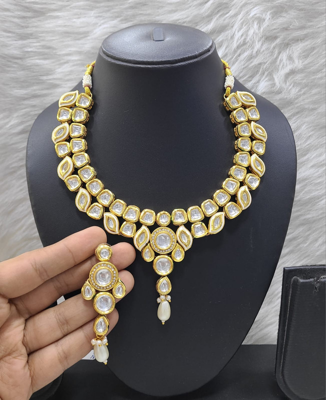 [K21 WHITE] Elegant Stylish K21 White Dabbi Kundan With Back Meena Necklace Earring Jewellery Set