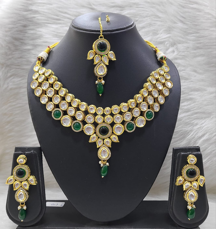 [K23 GREEN] Desi Stylish K23 Green Dabbi Kundan With Back Meena Necklace Earring Jewellery Set