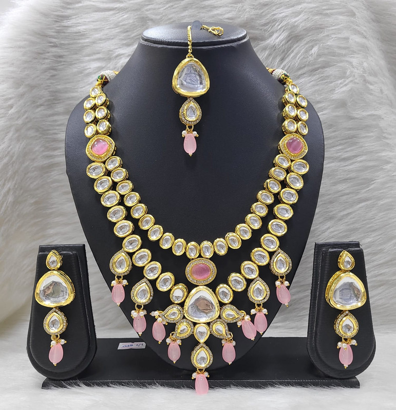 [K25 BABY PINK] Glamorous Stylish K25 Baby Pink Dabbi Kundan With Back Meena Necklace Earring Jewellery Set