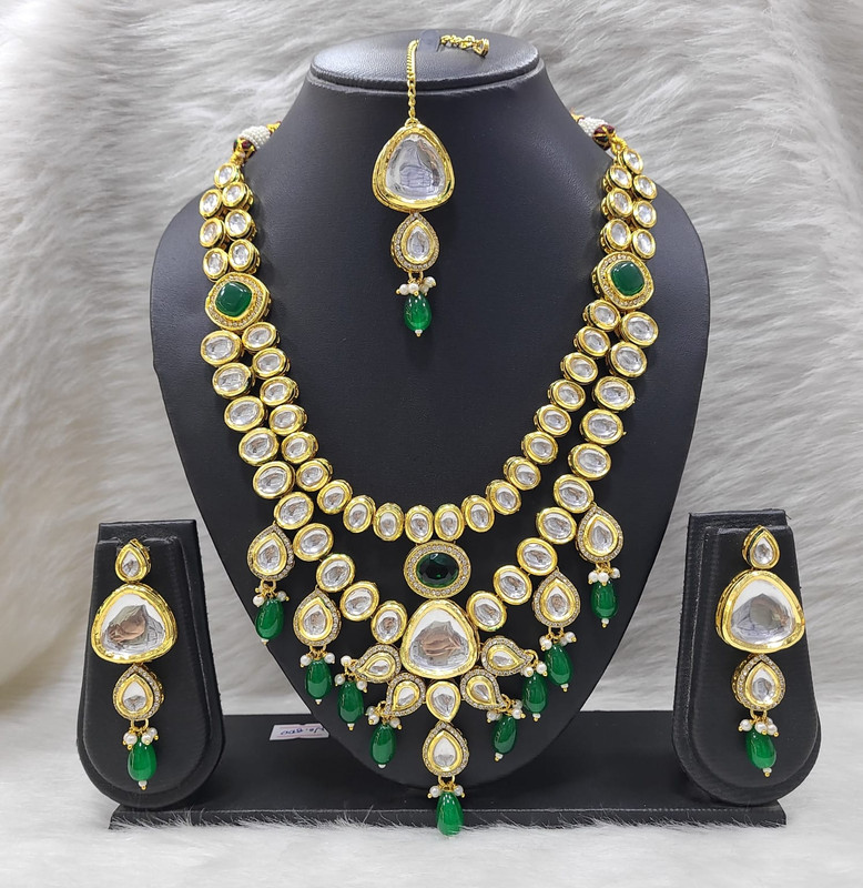 [K25 GREEN] Trendy Stylish K25 Green Dabbi Kundan With Back Meena Necklace Earring Jewellery Set