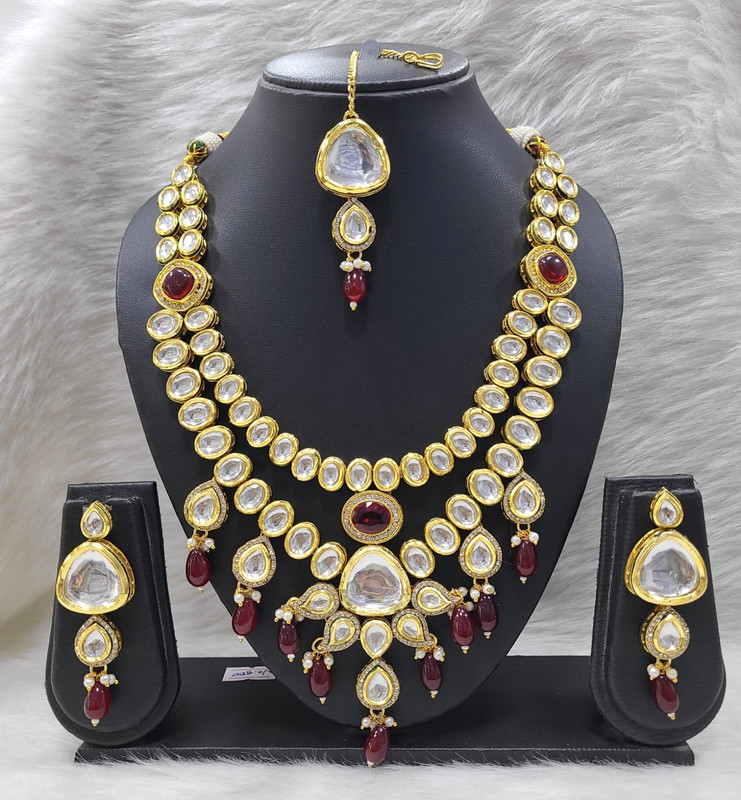 [K25 MAROON] Shandaar Stylish K25 Maroon Dabbi Kundan With Back Meena Necklace Earring Jewellery Set