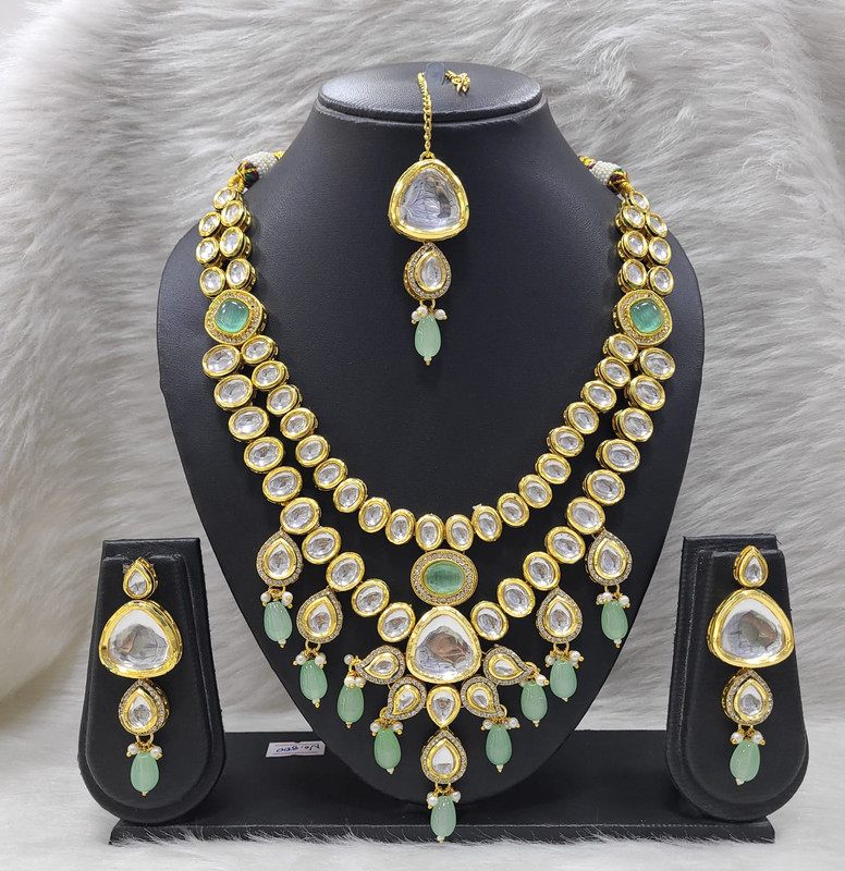 [K25 MINT GREEN] Exquisite Stylish K25 Mint Green Dabbi Kundan With Back Meena Necklace Earring Jewellery Set