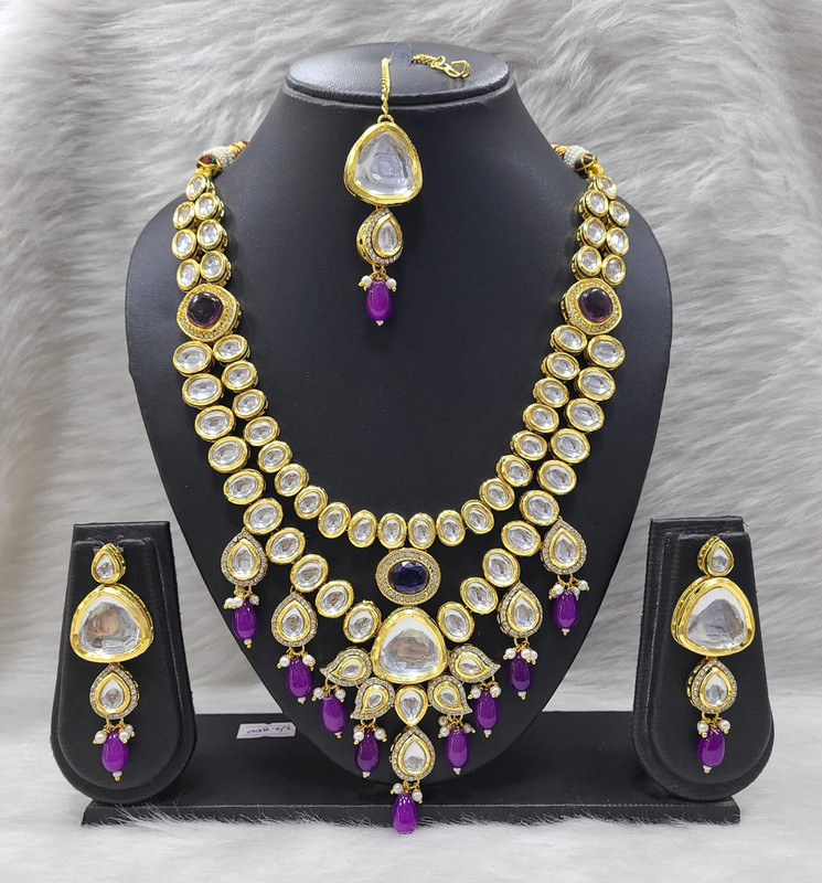 [K25 PURPLE] Gorgeous Stylish K25 Purple Dabbi Kundan With Back Meena Necklace Earring Jewellery Set