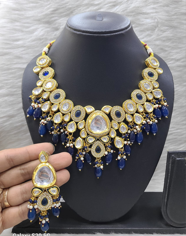 [K27 BLUE] Artisan Stylish K27 Blue Dabbi Kundan With Back Meena Necklace Earring Jewellery Set