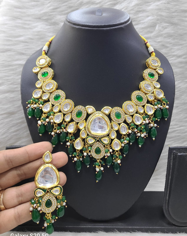 [K27 GREEN] Divine Stylish K27 Green Dabbi Kundan With Back Meena Necklace Earring Jewellery Set