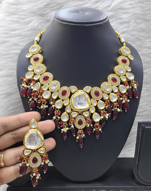 [K27 MAROON] Regal Stylish K27 Maroon Dabbi Kundan With Back Meena Necklace Earring Jewellery Set