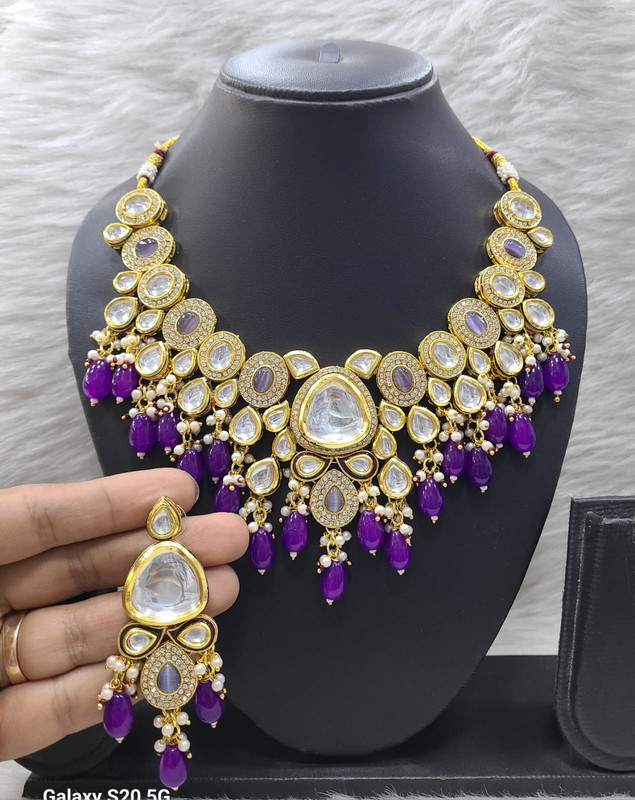 [K27 PURPLE] Majestic Stylish K27 Purple Dabbi Kundan With Back Meena Necklace Earring Jewellery Set