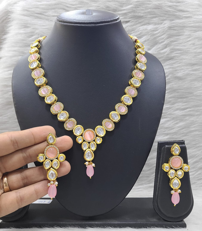 [K28 BABY PINK] Opulent Stylish K28 Baby Pink Dabbi Kundan With Back Meena Necklace Earring Jewellery Set