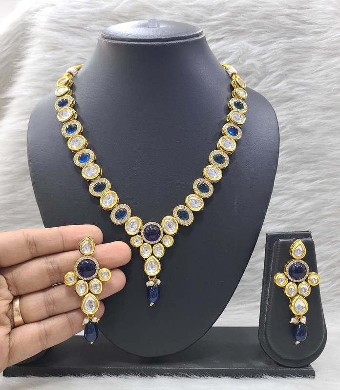 [K28 BLUE] Grand Stylish K28 Blue Dabbi Kundan With Back Meena Necklace Earring Jewellery Set