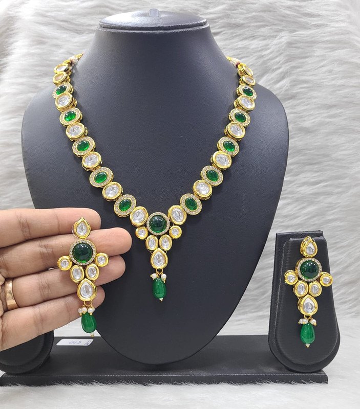 [K28 GREEN] Dazzling Stylish K28 Green Dabbi Kundan With Back Meena Necklace Earring Jewellery Set