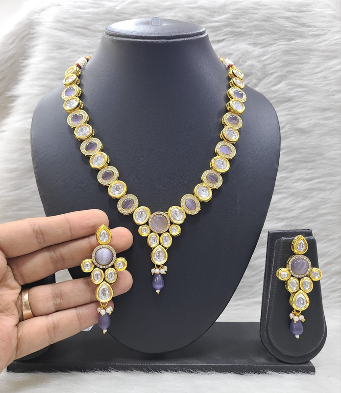 [K28 LIGHT PURPLE] Radiant Stylish K28 Light Purple Dabbi Kundan With Back Meena Necklace Earring Jewellery Set