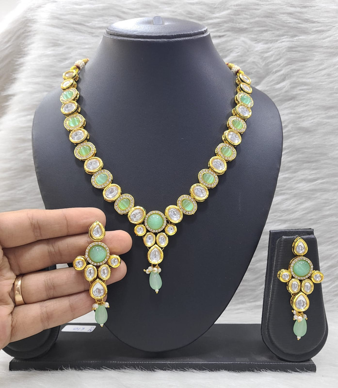 [K28 MINT GREEN] Alluring Stylish K28 Mint Green Dabbi Kundan With Back Meena Necklace Earring Jewellery Set