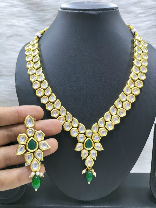 [K29 GREEN] Enchanting Stylish K29 Green Dabbi Kundan With Back Meena Necklace Earring Jewellery Set