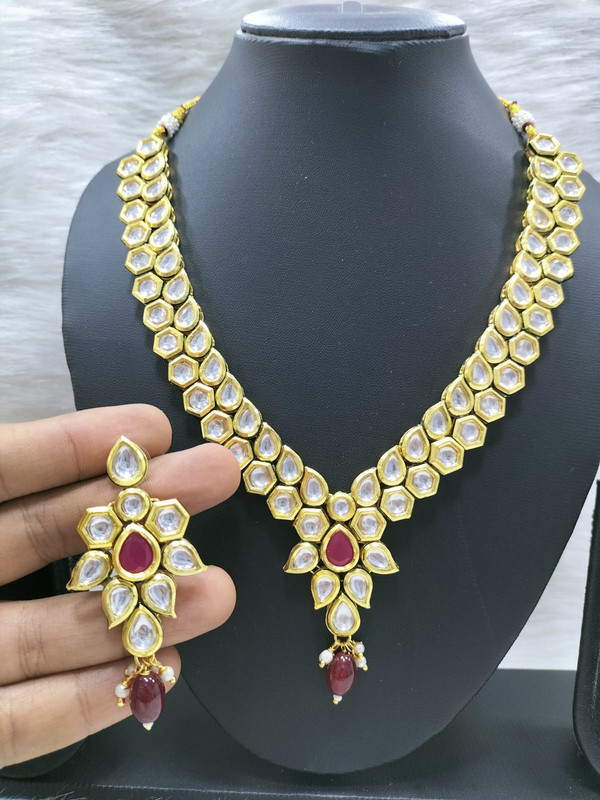 [K29 MAROON] Splendid Stylish K29 Maroon Dabbi Kundan With Back Meena Necklace Earring Jewellery Set