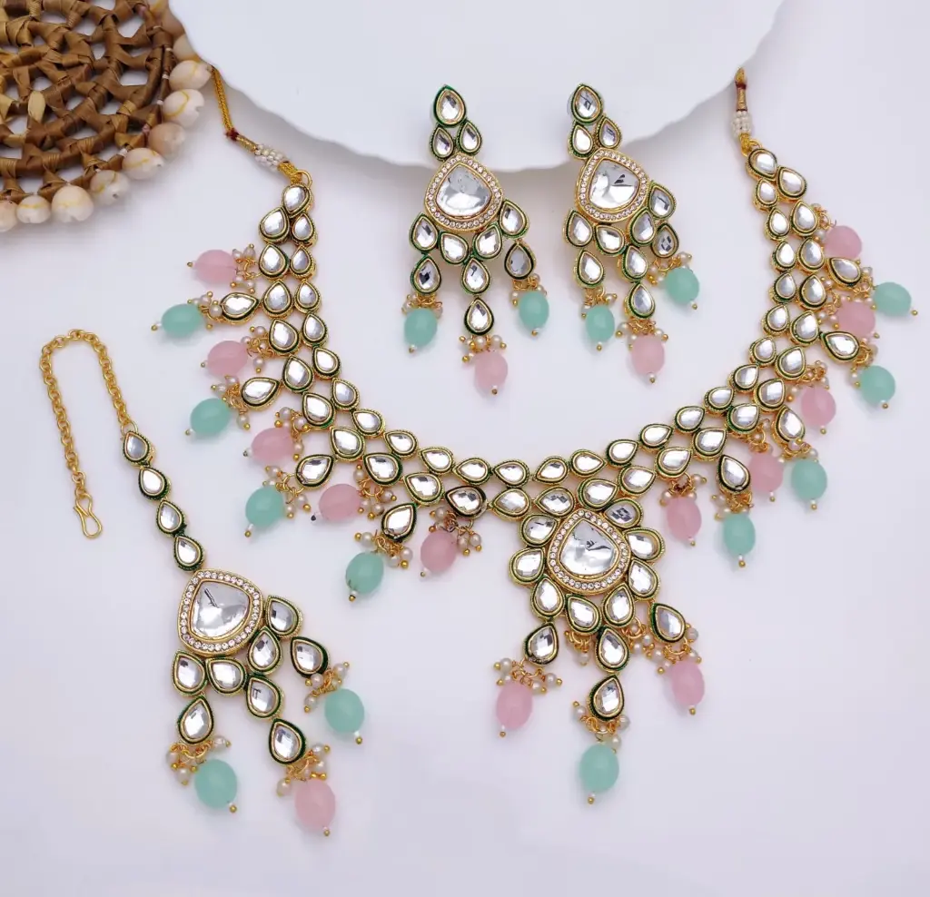 [AIMS001 BABY PINK MINT GREEN] Elegant Wedding Baby Pink Mint Green Kundan Pendant Necklace & Earrings Jewellery Set For Women