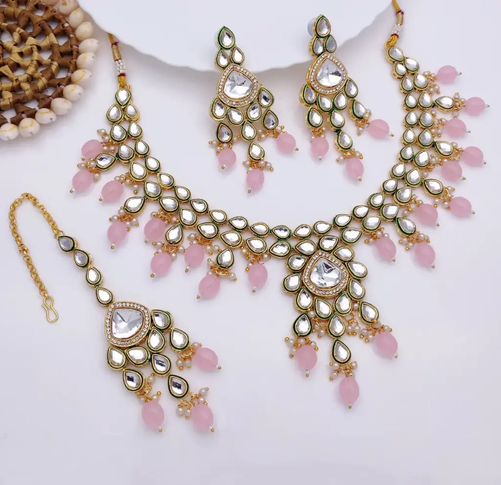 [AIMS001 BABY PINK] Chic Baby Pink Kundan Pendant Necklace & Earrings Jewellery Set For Women