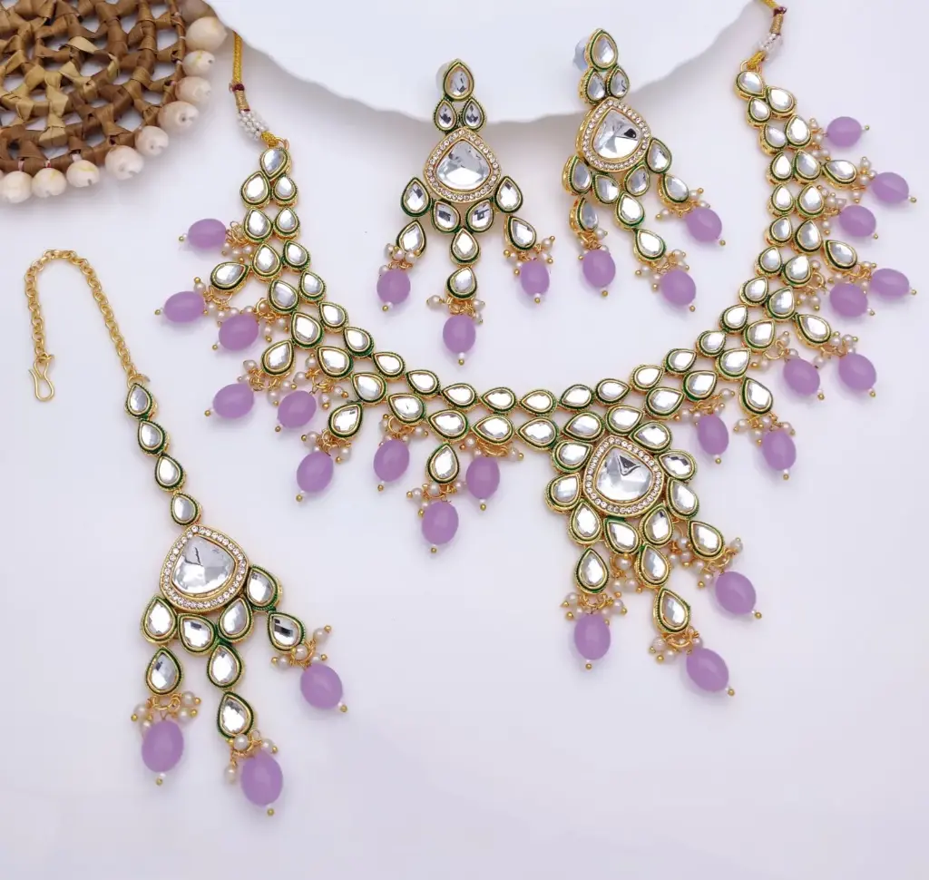 [AIMS001 PURPLE] Desi Wedding Purple Kundan Pendant Necklace & Earrings Jewellery Set For Women