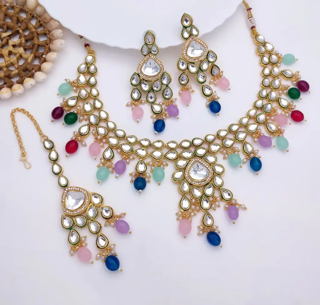 [AIMS001 MULTI] Magnifique Wedding Multi Kundan Pendant Necklace & Earrings Jewellery Set For Women