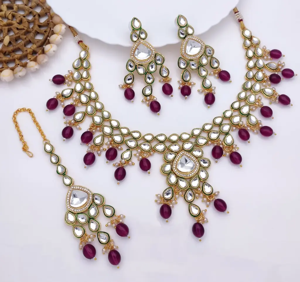 [AIMS001 DARK PURPLE] Traditional Wedding Dark Purple Kundan Pendant Necklace & Earrings Jewellery Set For Women