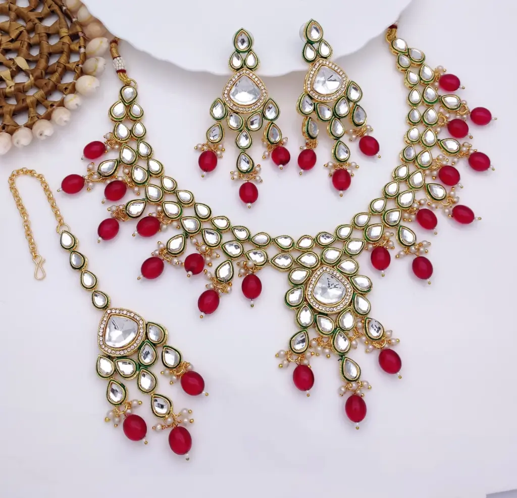 [AIMS001 RED] Classic Wedding Red Kundan Pendant Necklace & Earrings Jewellery Set For Women