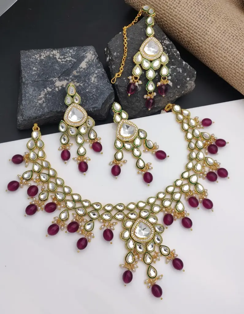 [AIMS001 RANI] Royal Wedding Rani Kundan Pendant Necklace & Earrings Jewellery Set For Women