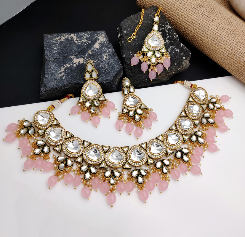 [AIMS002 BABY PINK] Vintage Wedding Baby Pink Kundan Pendant Necklace & Earrings Jewellery Set For Women
