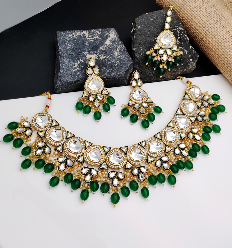 [AIMS002 GREEN] Trendy Wedding Green Kundan Pendant Necklace & Earrings Jewellery Set For Women
