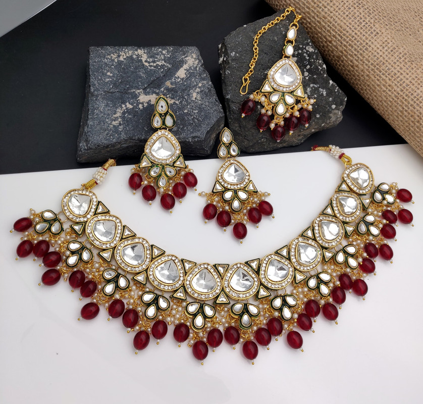 [AIMS002 MAROON] Shandaar Wedding Maroon Kundan Pendant Necklace & Earrings Jewellery Set For Women