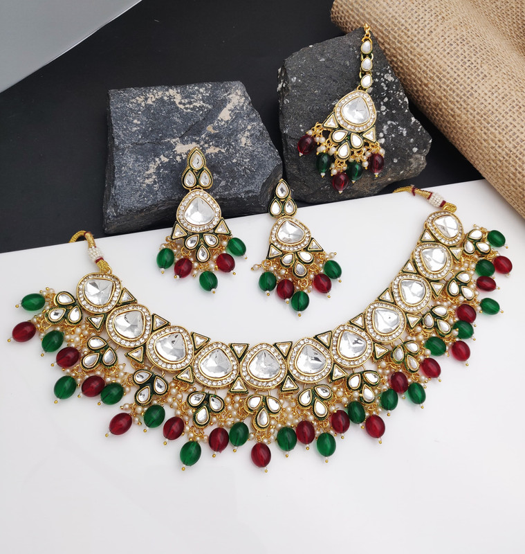 [AIMS002 MAROON GREEN] Exquisite Wedding Maroon Green Kundan Pendant Necklace & Earrings Jewellery Set For Women