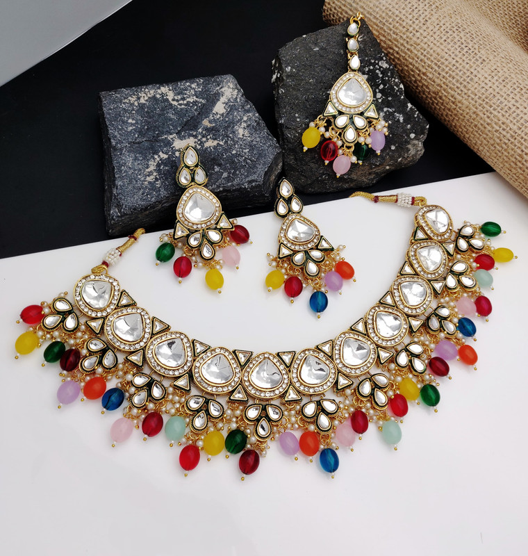 [AIMS002 MULTI] Gorgeous Wedding Multi Kundan Pendant Necklace & Earrings Jewellery Set For Women