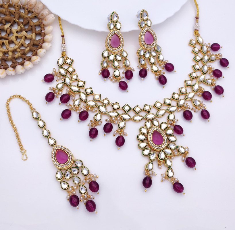[AIMS003 PURPLE] Authentic Wedding Purple Kundan Pendant Necklace & Earrings Jewellery Set For Women