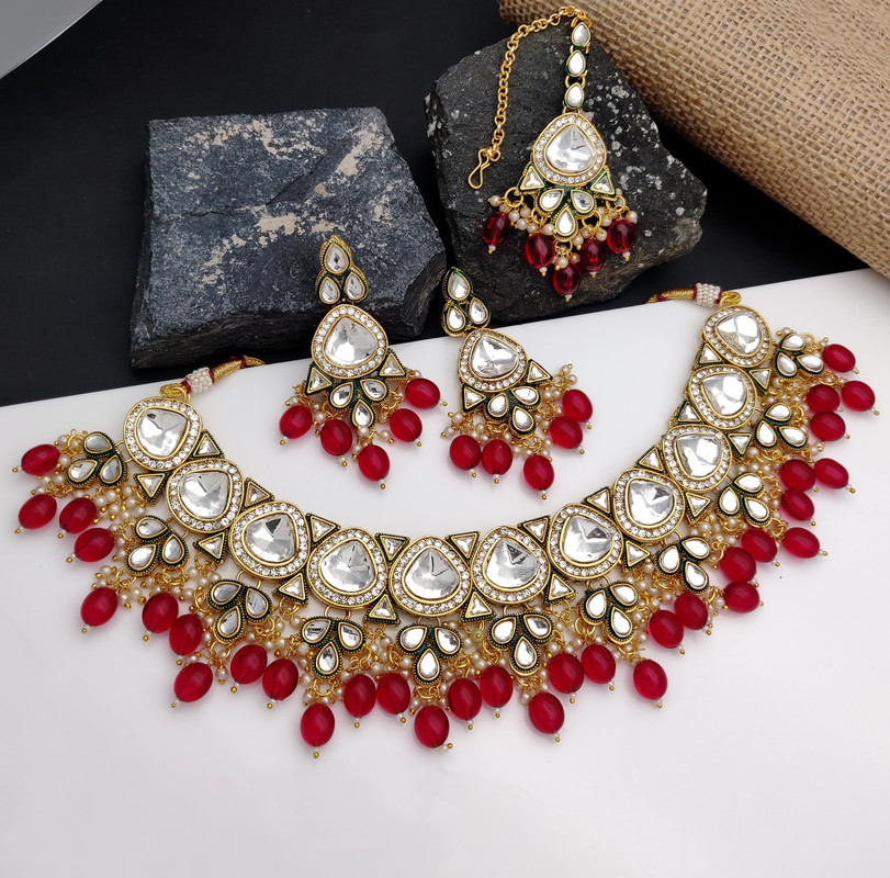 [AIMS002 RED] Beautiful Wedding Red Kundan Pendant Necklace & Earrings Jewellery Set For Women