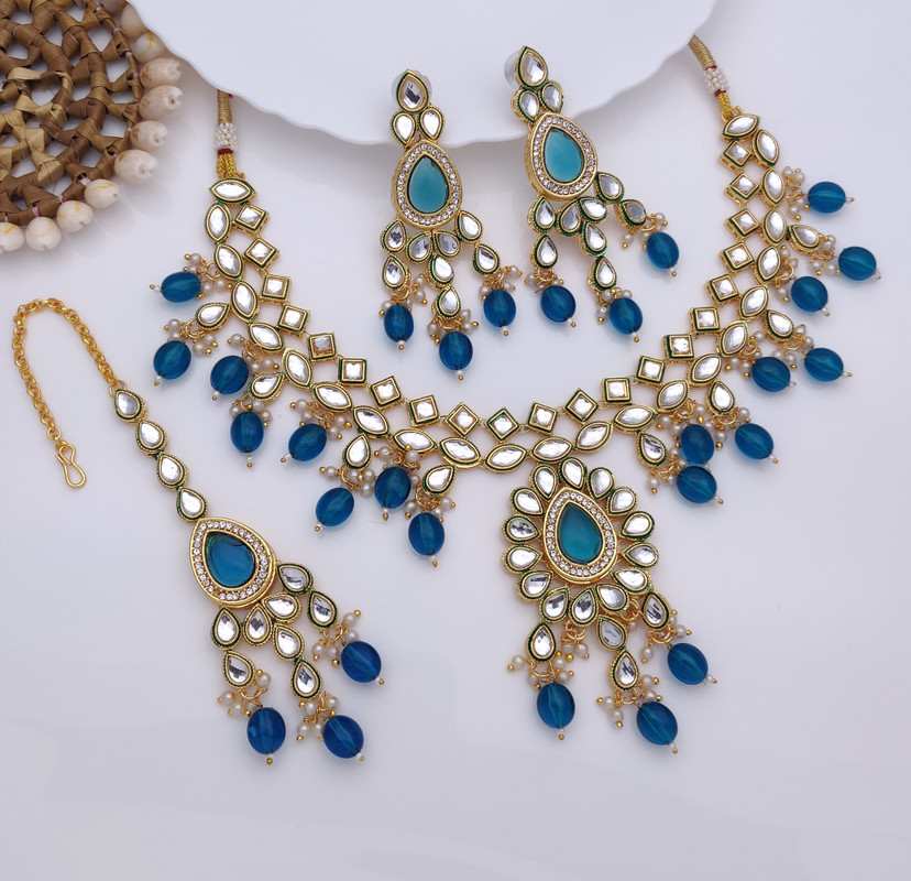 [AIMS003 BLUE] Stunning Wedding Blue Kundan Pendant Necklace & Earrings Jewellery Set For Women
