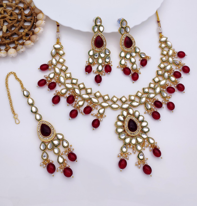 [AIMS003 MAROON] Premium Wedding Maroon Kundan Pendant Necklace & Earrings Jewellery Set For Women