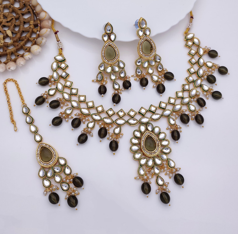 [AIMS003 MEHNDI] Exclusive Wedding Mehndi Kundan Pendant Necklace & Earrings Jewellery Set For Women