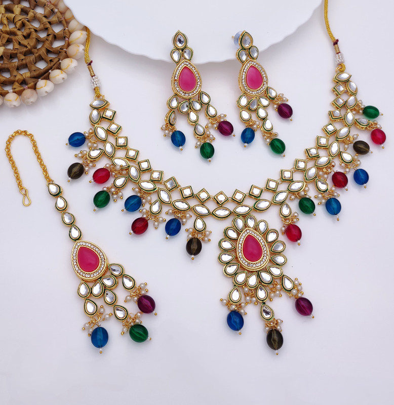 [AIMS003 MULTI] Luxury Wedding Multi Kundan Pendant Necklace & Earrings Jewellery Set For Women