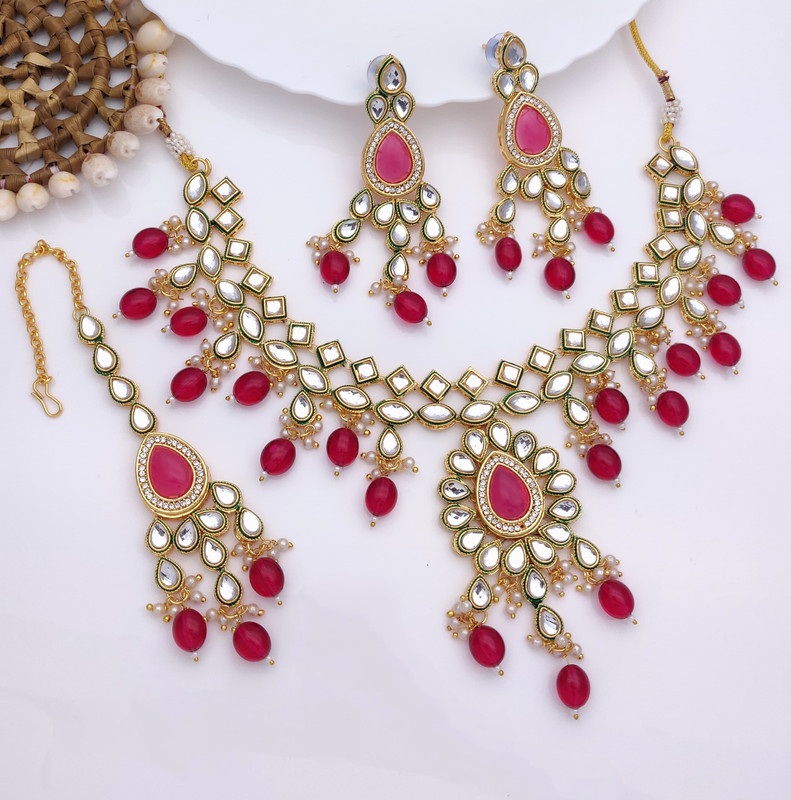 [AIMS003 RANI] Artisan Wedding Rani Kundan Pendant Necklace & Earrings Jewellery Set For Women