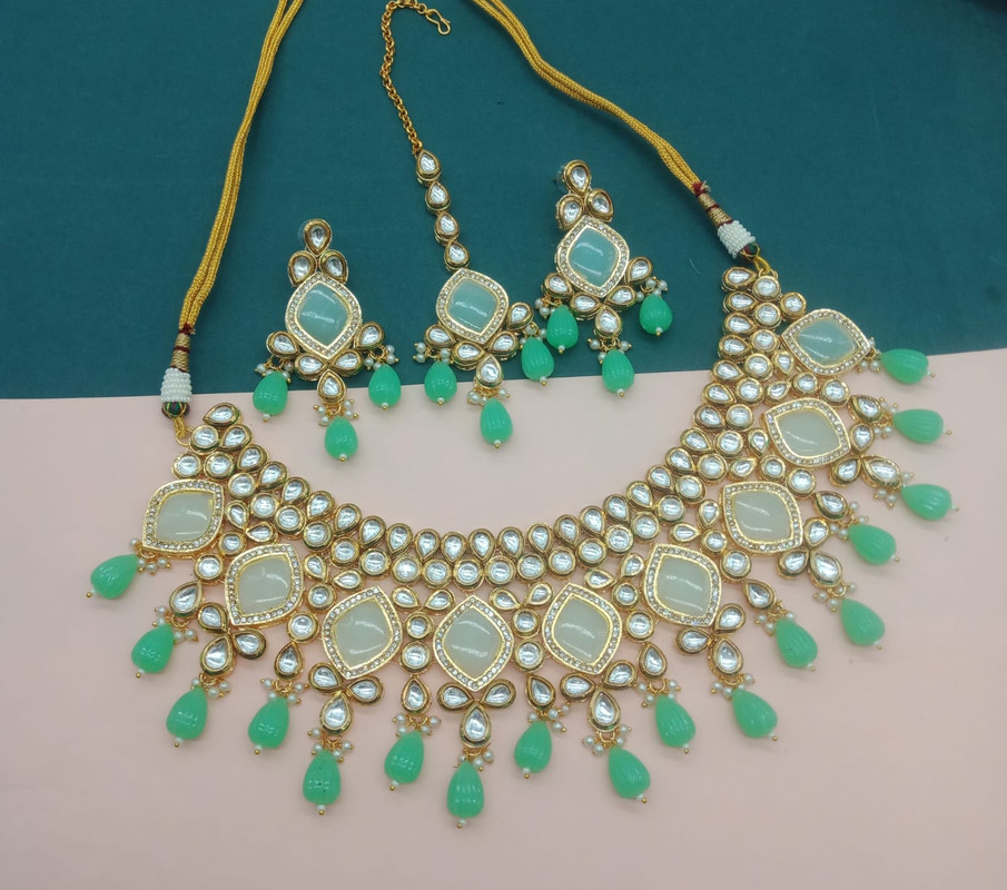 [AIMS004 MINT GREEN] Opulent Wedding Mint Green Kundan Pendant Necklace & Earrings Jewellery Set For Women