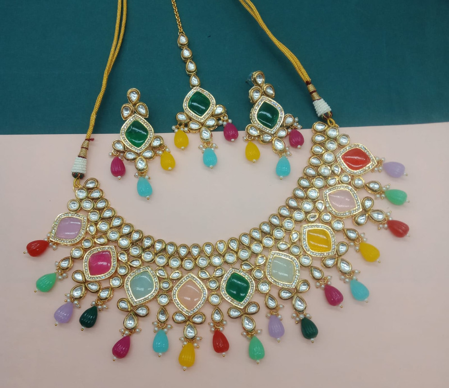 [AIMS004 MULTI] Grand Wedding Multi Kundan Pendant Necklace & Earrings Jewellery Set For Women