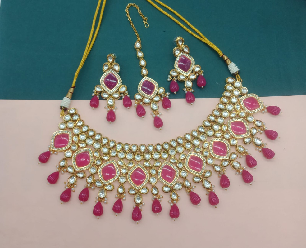 [AIMS004 PINK] Dazzling Wedding Pink Kundan Pendant Necklace & Earrings Jewellery Set For Women