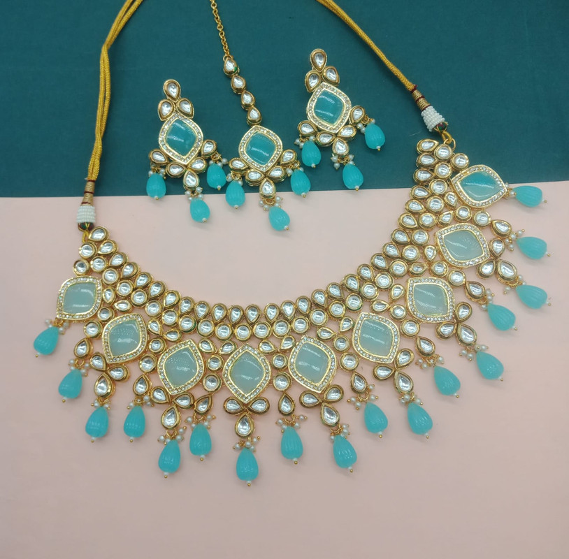 [AIMS004 SKY BLUE] Radiant Wedding Sky Blue Kundan Pendant Necklace & Earrings Jewellery Set For Women