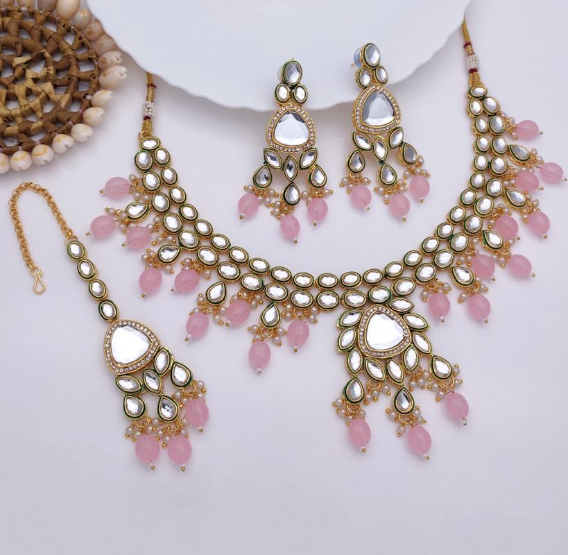 [AIMS005 BABY PINK] Graceful Wedding Baby Pink Kundan Pendant Necklace & Earrings Jewellery Set For Women