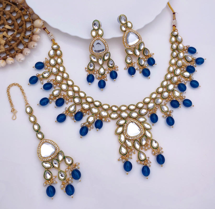 [AIMS005 BLUE] Alluring Wedding Blue Kundan Pendant Necklace & Earrings Jewellery Set For Women