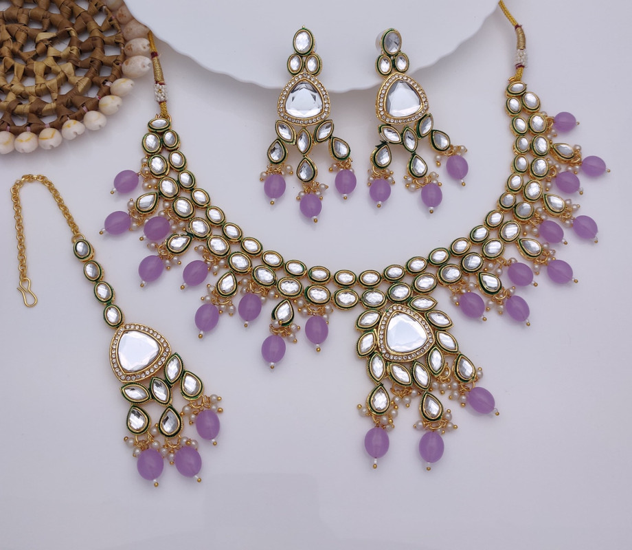 [AIMS005 LIGHT PURPLE] Splendid Wedding Light Purple Kundan Pendant Necklace & Earrings Jewellery Set For Women