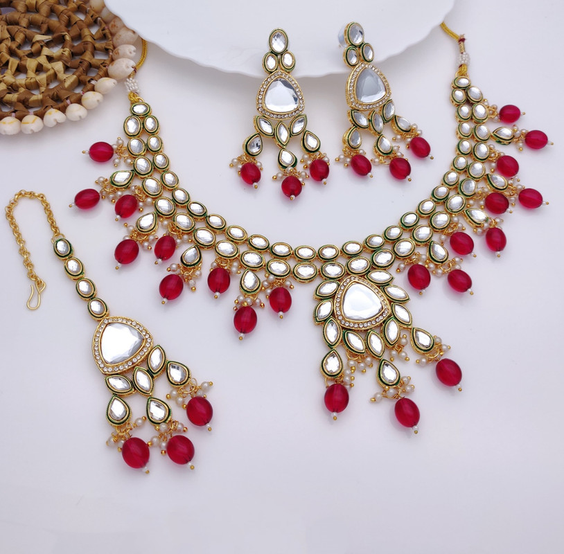 [AIMS005 PINK] Mesmerizing Wedding Pink Kundan Pendant Necklace & Earrings Jewellery Set For Women