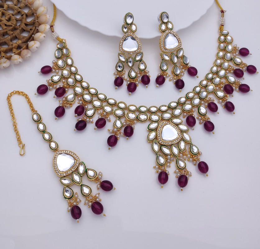[AIMS005 PURPLE] Breathtaking Wedding Purple Kundan Pendant Necklace & Earrings Jewellery Set For Women