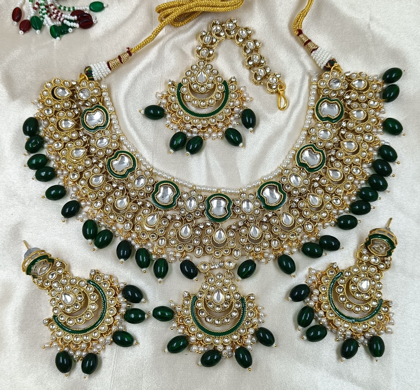 [AIMS006 GREEN] Flawless Wedding Green Kundan Pendant Necklace & Earrings Jewellery Set For Women