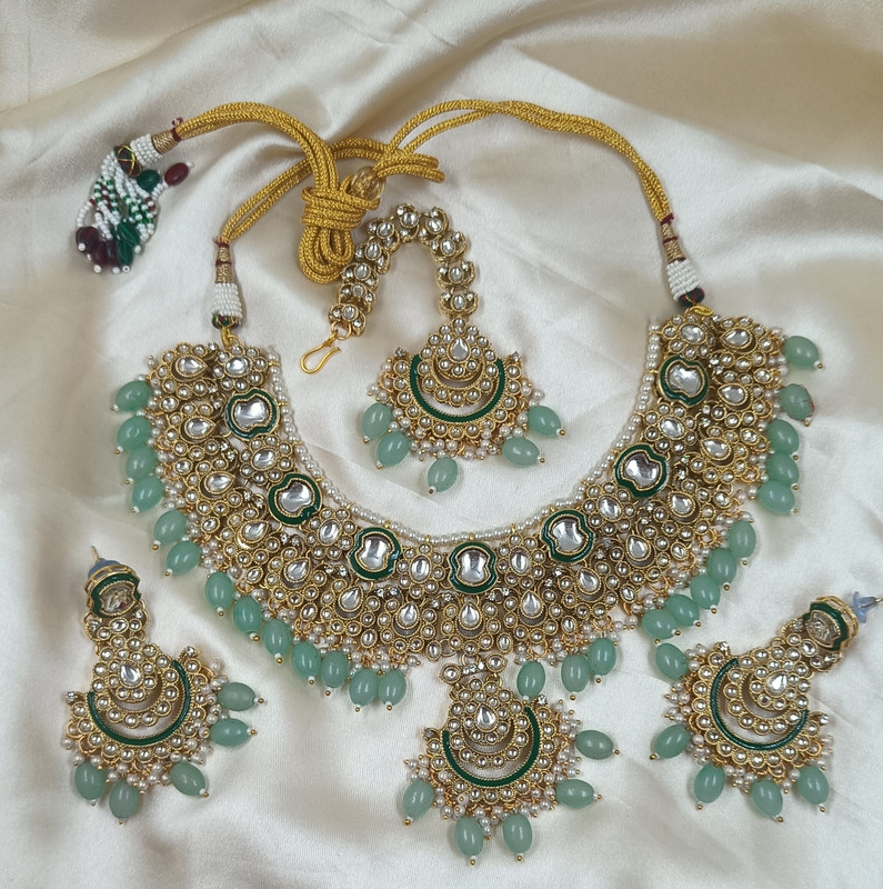 [AIMS006 MINT GREEN] Pristine Wedding Mint Green Kundan Pendant Necklace & Earrings Jewellery Set For Women