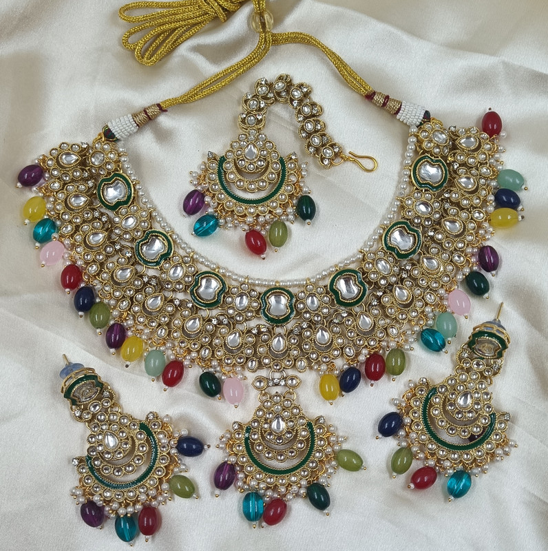 [AIMS006 MULTI] Ornate Wedding Multi Kundan Pendant Necklace & Earrings Jewellery Set For Women